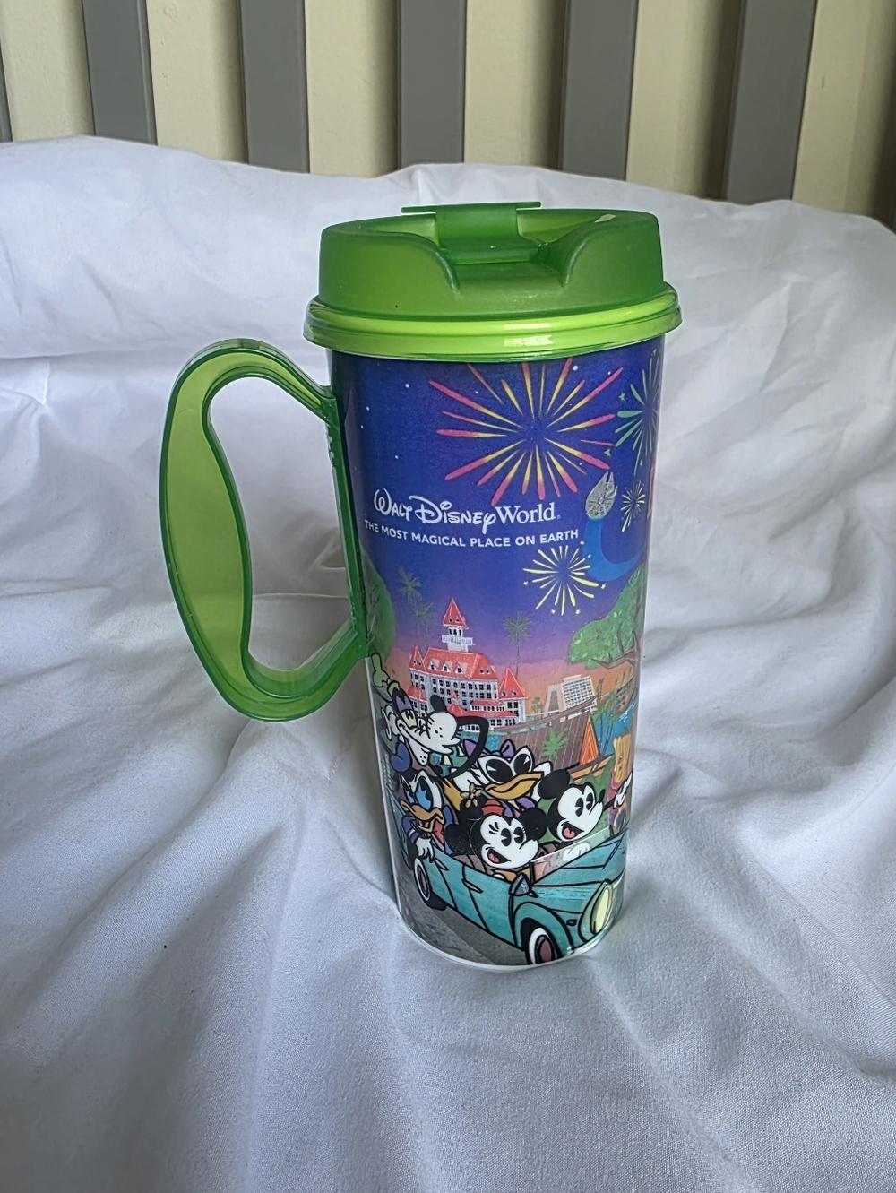 Disney World Resort Blue Fireworks Refillable Travel Mug with Green Handle